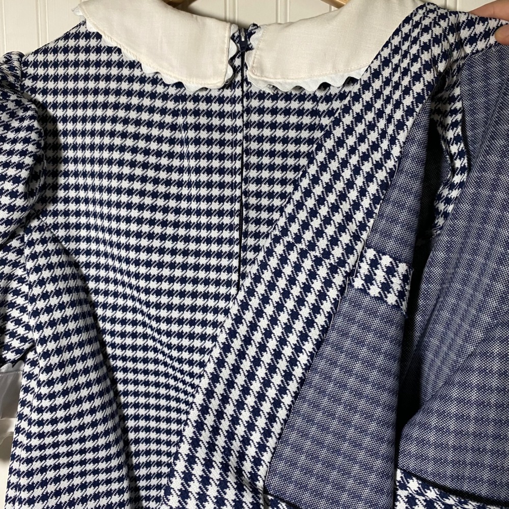 Handmade Vintage Navy White Houndstooth Scalloped Collar Dress Kitschy Mod - M/L - Picture 9 of 12